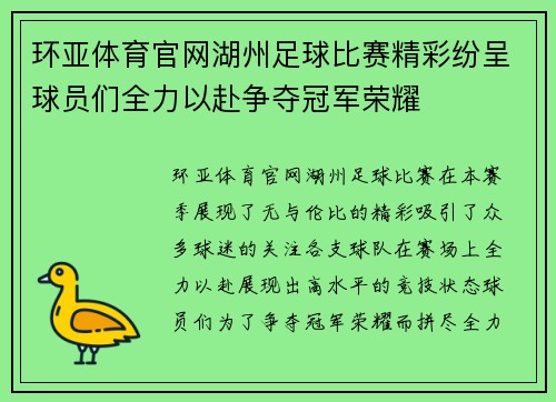 环亚体育官网湖州足球比赛精彩纷呈球员们全力以赴争夺冠军荣耀