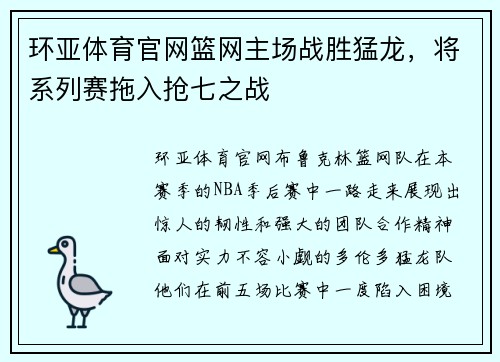 环亚体育官网篮网主场战胜猛龙，将系列赛拖入抢七之战
